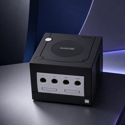 Representative Black Nintendo GameCube system one standalone black Nintendo GameCube console in a bold architectural color set, not the specific RGM unit