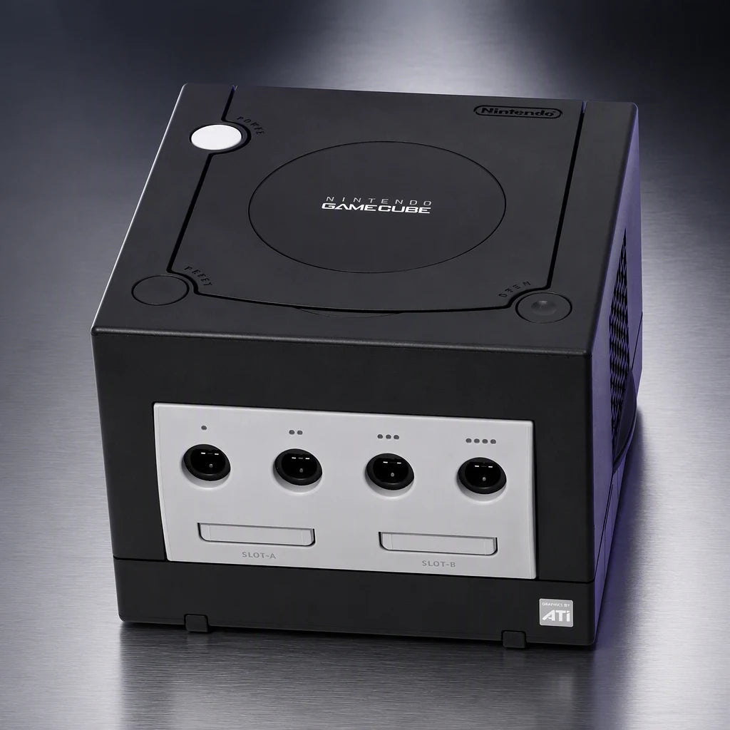 Representative Black Nintendo GameCube system one standalone black Nintendo GameCube console on a brushed-metal gallery pedestal, not the specific RGM unit