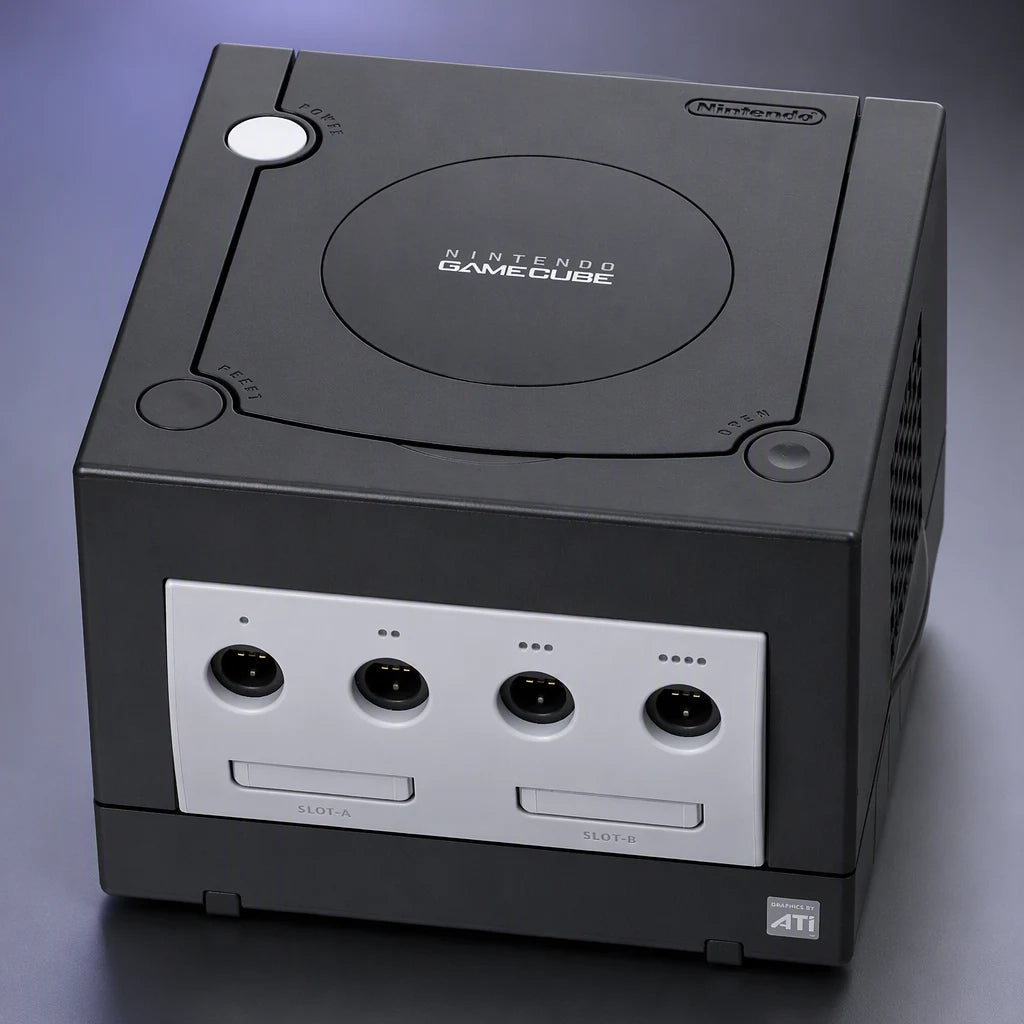 Representative Black Nintendo GameCube system one standalone black Nintendo GameCube console in a close macro view of the authentic printed identity, not the specific RGM unit