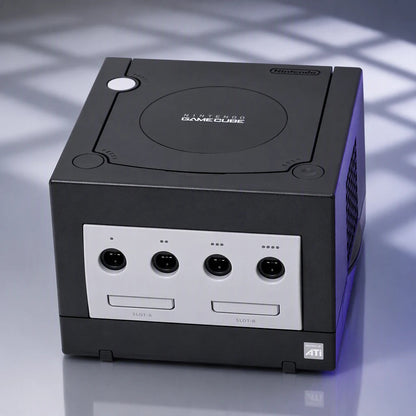 Representative Black Nintendo GameCube system one standalone black Nintendo GameCube console under a shaped studio light pattern, not the specific RGM unit