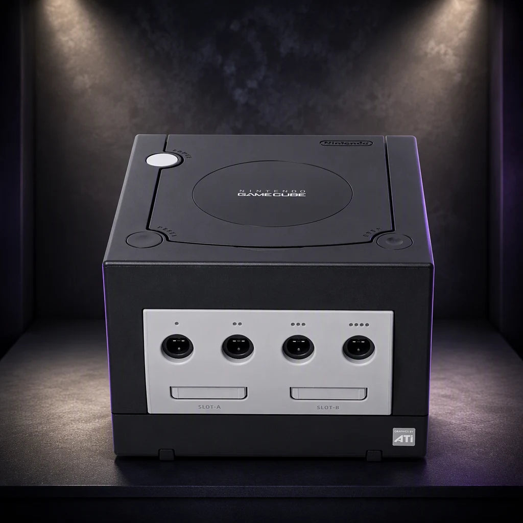 Representative Black Nintendo GameCube system one standalone black Nintendo GameCube console displayed alone in a dark museum alcove, not the specific RGM unit