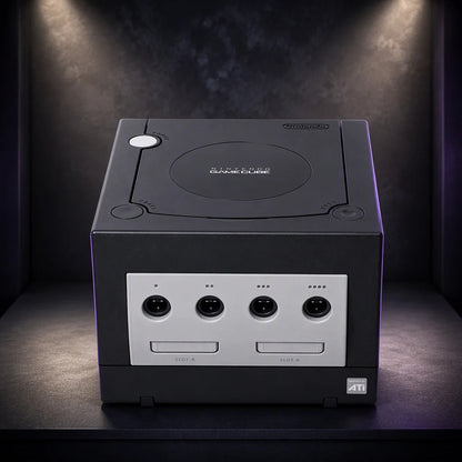 Representative Black Nintendo GameCube system one standalone black Nintendo GameCube console displayed alone in a dark museum alcove, not the specific RGM unit