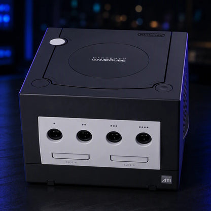 Representative Black Nintendo GameCube system one standalone black Nintendo GameCube console in a cinematic night interior with soft background lights, not the specific RGM unit