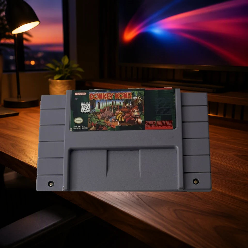 Representative Donkey Kong Country loose usa cartridge on a warm walnut tabletop, not the specific RGM unit