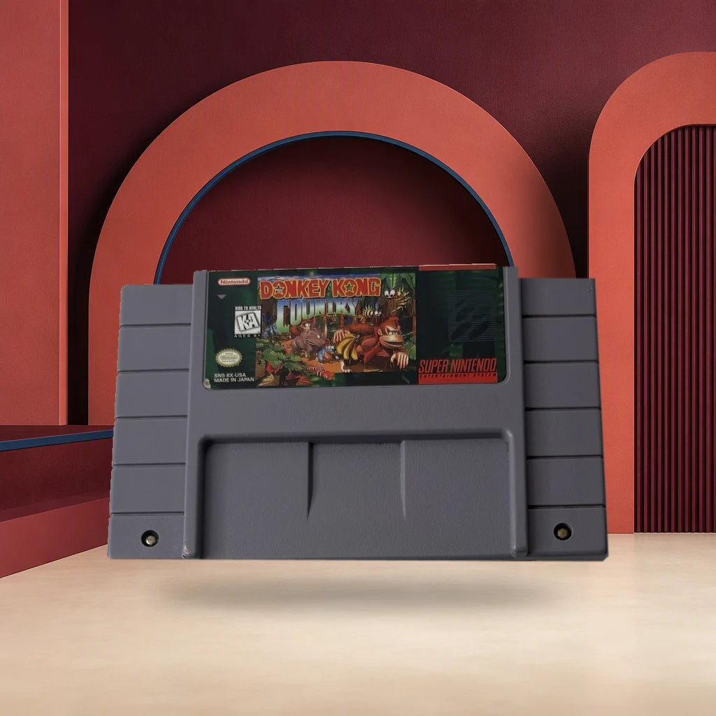 Representative Donkey Kong Country loose usa cartridge in a red architectural studio, not the specific RGM unit