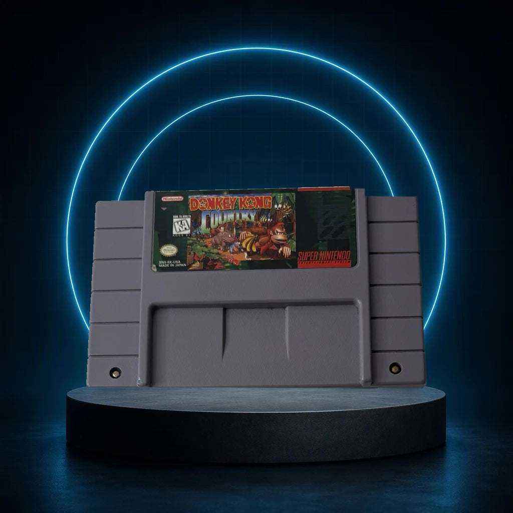 Representative Donkey Kong Country loose usa cartridge on a blue halo display stage, not the specific RGM unit