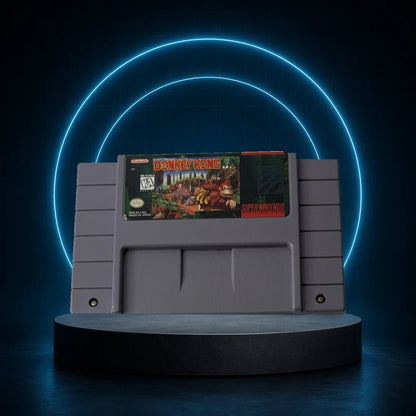 Representative Donkey Kong Country loose usa cartridge on a blue halo display stage, not the specific RGM unit