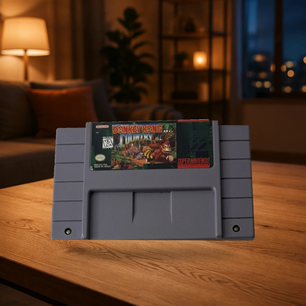 Representative Donkey Kong Country loose usa cartridge on a warm living room table, not the specific RGM unit