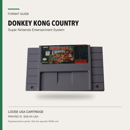 Representative Donkey Kong Country loose usa cartridge in a factual format guide, not the specific RGM unit
