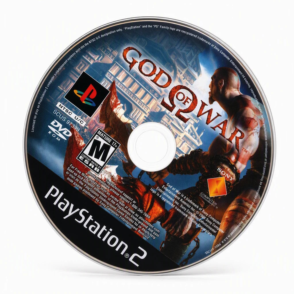 Representative God of War one loose black-label North American PlayStation 2 DVD disc on a clean white catalog background, not the specific RGM unit