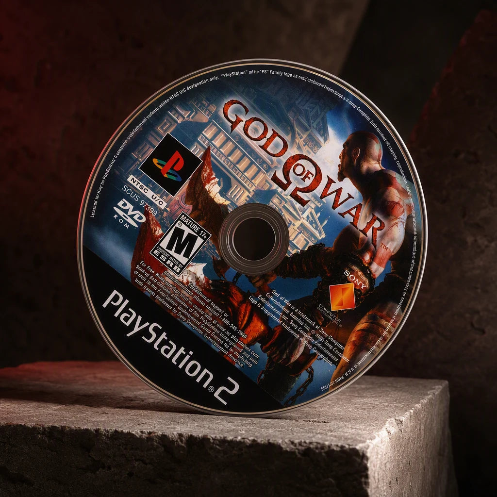 Representative God of War one loose black-label North American PlayStation 2 DVD disc in a dark collector studio with sculpted side light, not the specific RGM unit