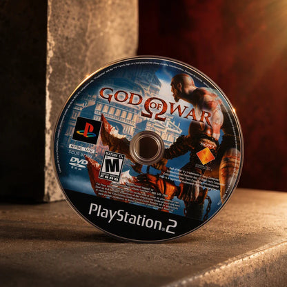 Representative God of War one loose black-label North American PlayStation 2 DVD disc on a warm editorial tabletop with shallow depth of field, not the specific RGM unit