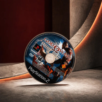 Representative God of War one loose black-label North American PlayStation 2 DVD disc in a bold architectural color set, not the specific RGM unit