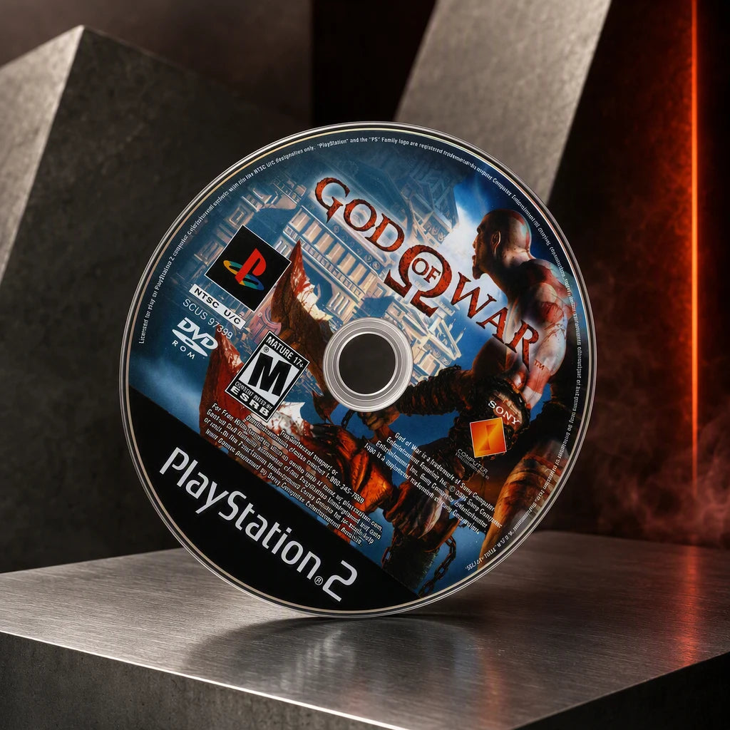 Representative God of War one loose black-label North American PlayStation 2 DVD disc on a brushed-metal gallery pedestal, not the specific RGM unit