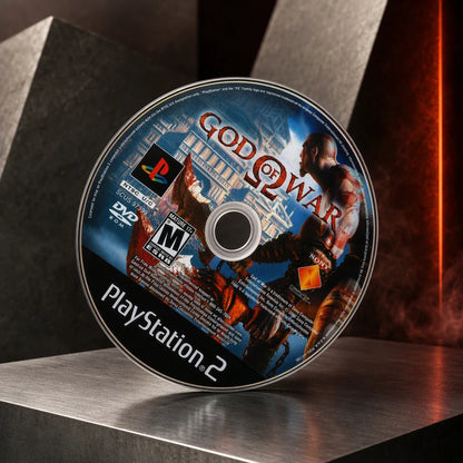 Representative God of War one loose black-label North American PlayStation 2 DVD disc on a brushed-metal gallery pedestal, not the specific RGM unit