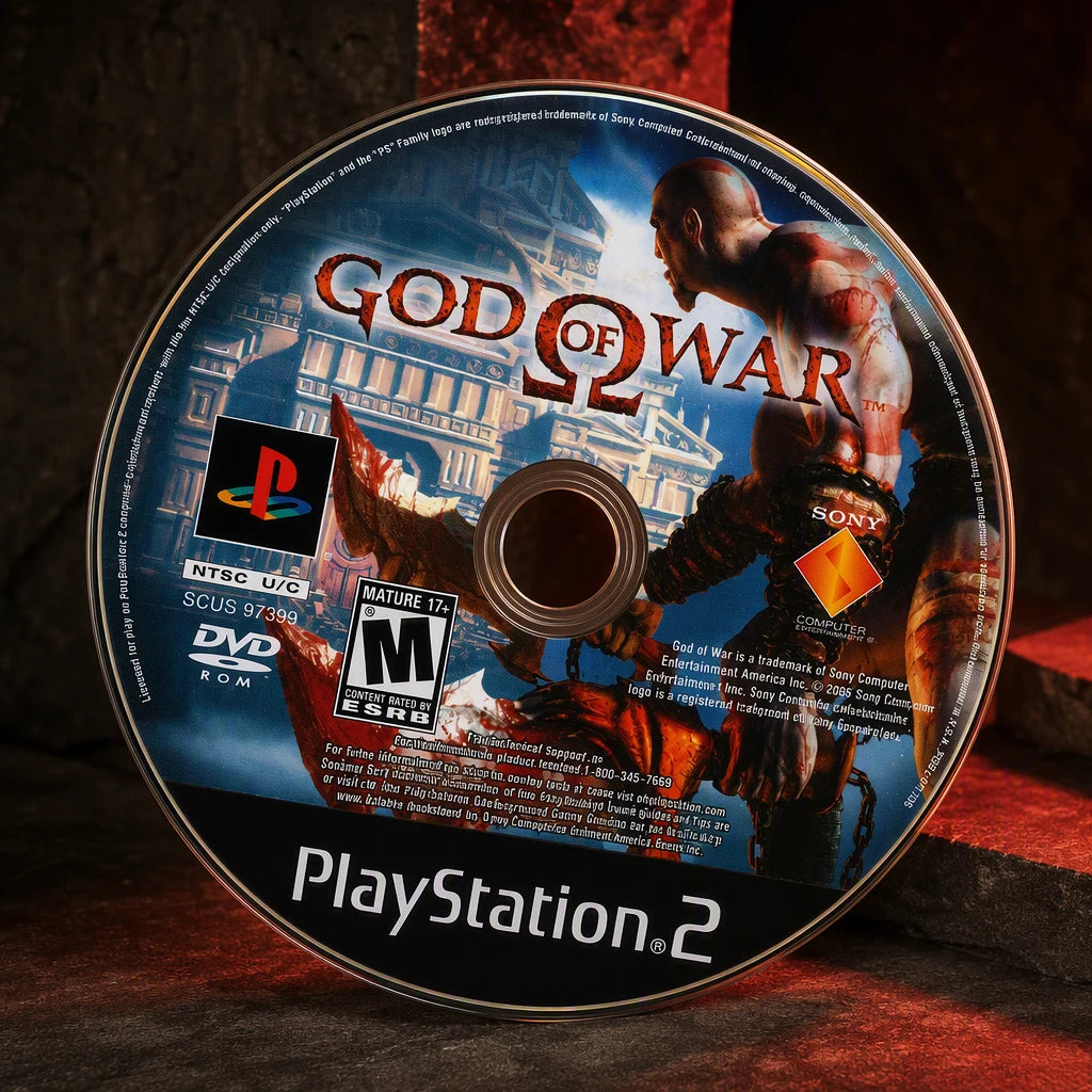Representative God of War one loose black-label North American PlayStation 2 DVD disc in a close macro view of the authentic printed identity, not the specific RGM unit