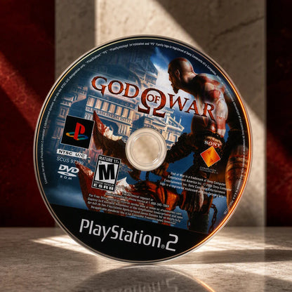 Representative God of War one loose black-label North American PlayStation 2 DVD disc under a shaped studio light pattern, not the specific RGM unit