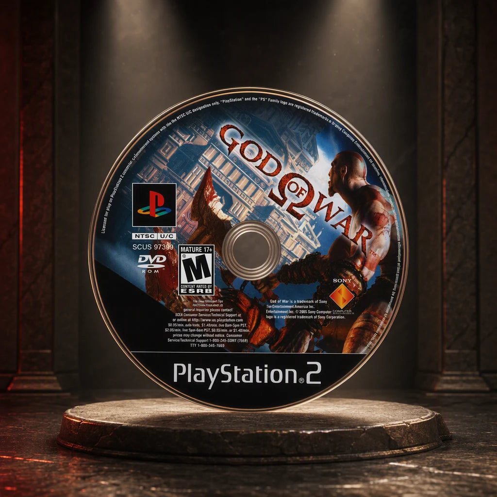 Representative God of War one loose black-label North American PlayStation 2 DVD disc displayed alone in a dark museum alcove, not the specific RGM unit