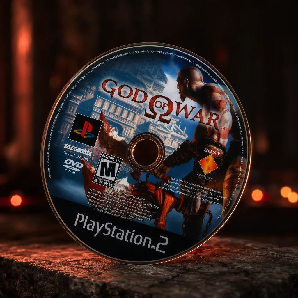 Representative God of War one loose black-label North American PlayStation 2 DVD disc in a cinematic night interior with soft background lights, not the specific RGM unit