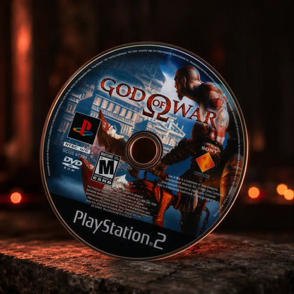 Representative God of War one loose black-label North American PlayStation 2 DVD disc in a cinematic night interior with soft background lights, not the specific RGM unit