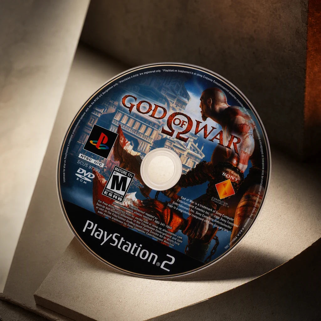 Representative God of War one loose black-label North American PlayStation 2 DVD disc in a cream and charcoal editorial composition, not the specific RGM unit