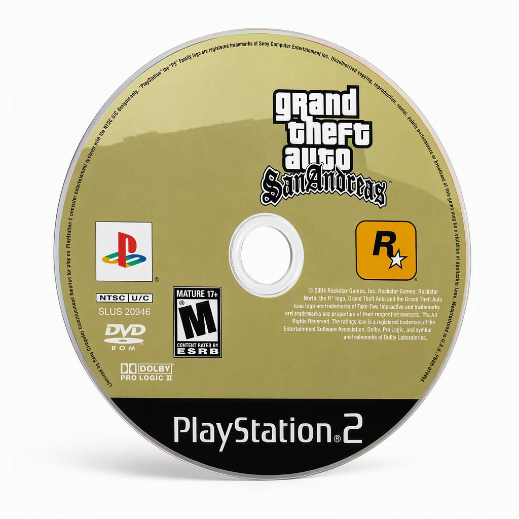 Representative Grand Theft Auto: San Andreas one loose black-label North American PlayStation 2 DVD disc on a clean white catalog background, not the specific RGM unit