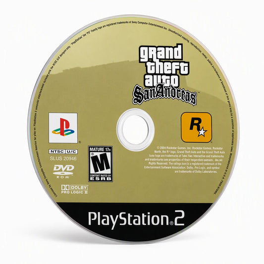 Representative Grand Theft Auto: San Andreas one loose black-label North American PlayStation 2 DVD disc on a clean white catalog background, not the specific RGM unit
