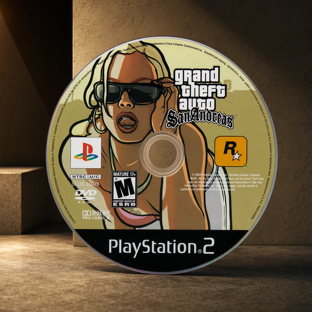 Representative Grand Theft Auto: San Andreas one loose black-label North American PlayStation 2 DVD disc in a dark collector studio with sculpted side light, not the specific RGM unit