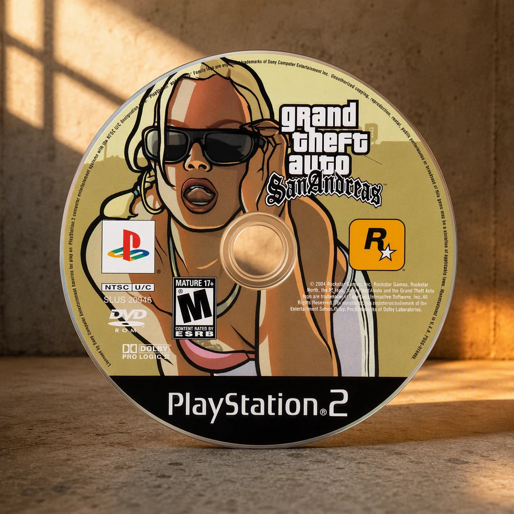 Representative Grand Theft Auto: San Andreas one loose black-label North American PlayStation 2 DVD disc on a warm editorial tabletop with shallow depth of field, not the specific RGM unit