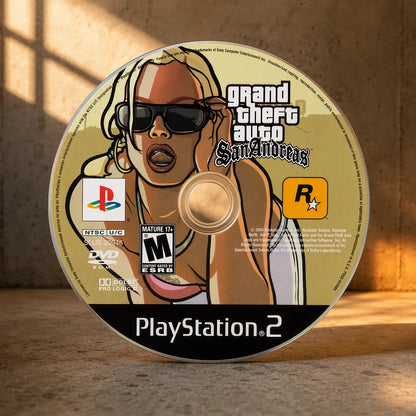 Representative Grand Theft Auto: San Andreas one loose black-label North American PlayStation 2 DVD disc on a warm editorial tabletop with shallow depth of field, not the specific RGM unit