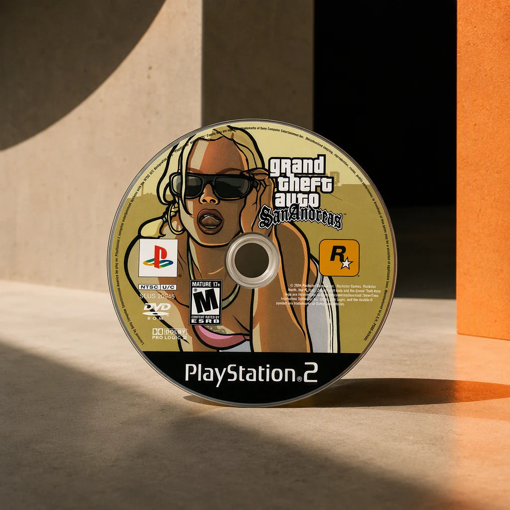 Representative Grand Theft Auto: San Andreas one loose black-label North American PlayStation 2 DVD disc in a bold architectural color set, not the specific RGM unit