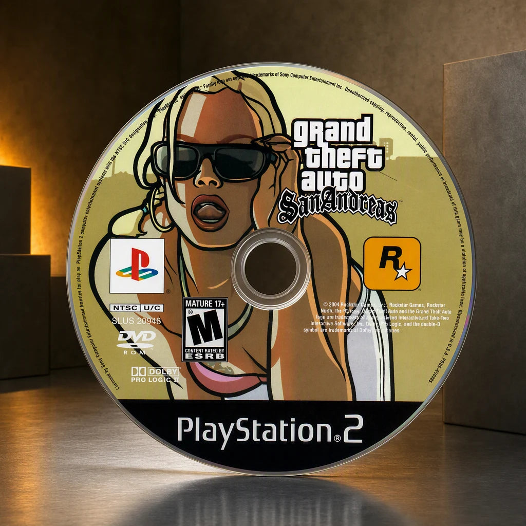 Representative Grand Theft Auto: San Andreas one loose black-label North American PlayStation 2 DVD disc on a brushed-metal gallery pedestal, not the specific RGM unit