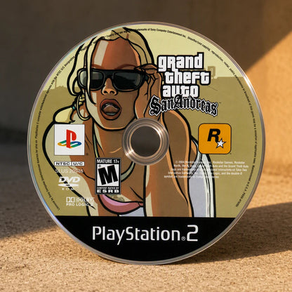 Representative Grand Theft Auto: San Andreas one loose black-label North American PlayStation 2 DVD disc in a close macro view of the authentic printed identity, not the specific RGM unit