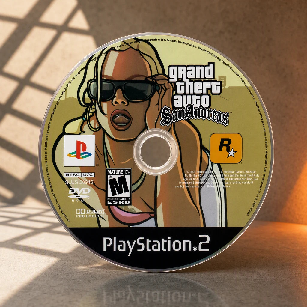 Representative Grand Theft Auto: San Andreas one loose black-label North American PlayStation 2 DVD disc under a shaped studio light pattern, not the specific RGM unit