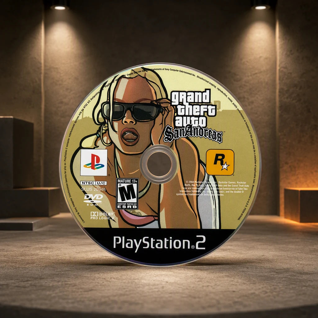 Representative Grand Theft Auto: San Andreas one loose black-label North American PlayStation 2 DVD disc displayed alone in a dark museum alcove, not the specific RGM unit