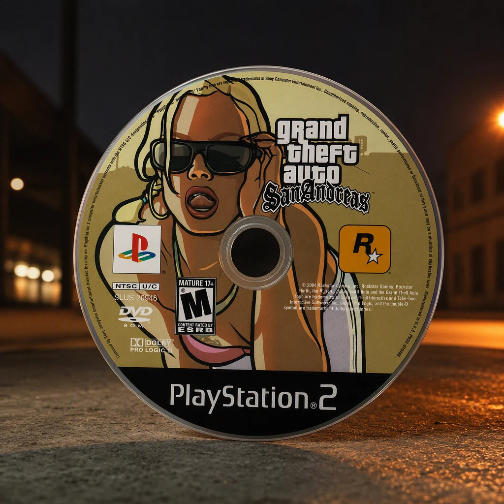 Representative Grand Theft Auto: San Andreas one loose black-label North American PlayStation 2 DVD disc in a cinematic night interior with soft background lights, not the specific RGM unit