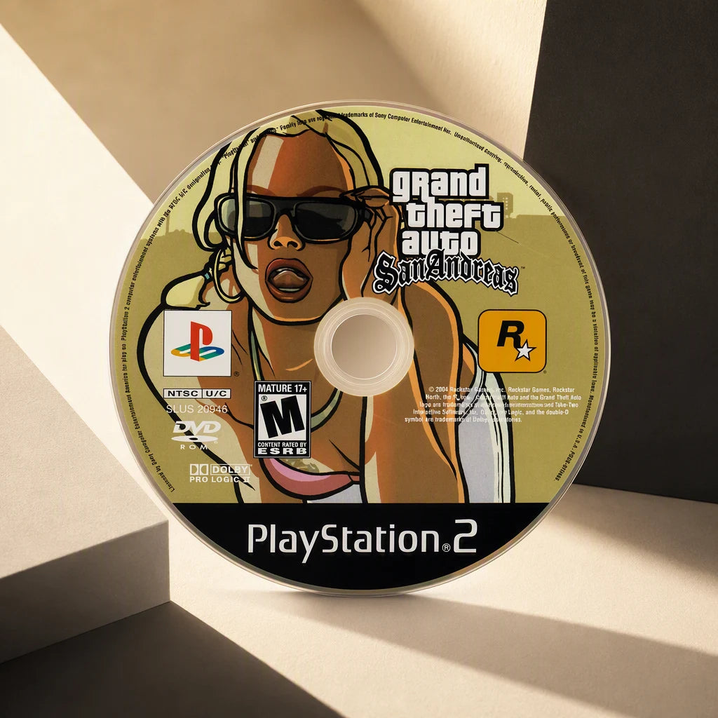 Representative Grand Theft Auto: San Andreas one loose black-label North American PlayStation 2 DVD disc in a cream and charcoal editorial composition, not the specific RGM unit