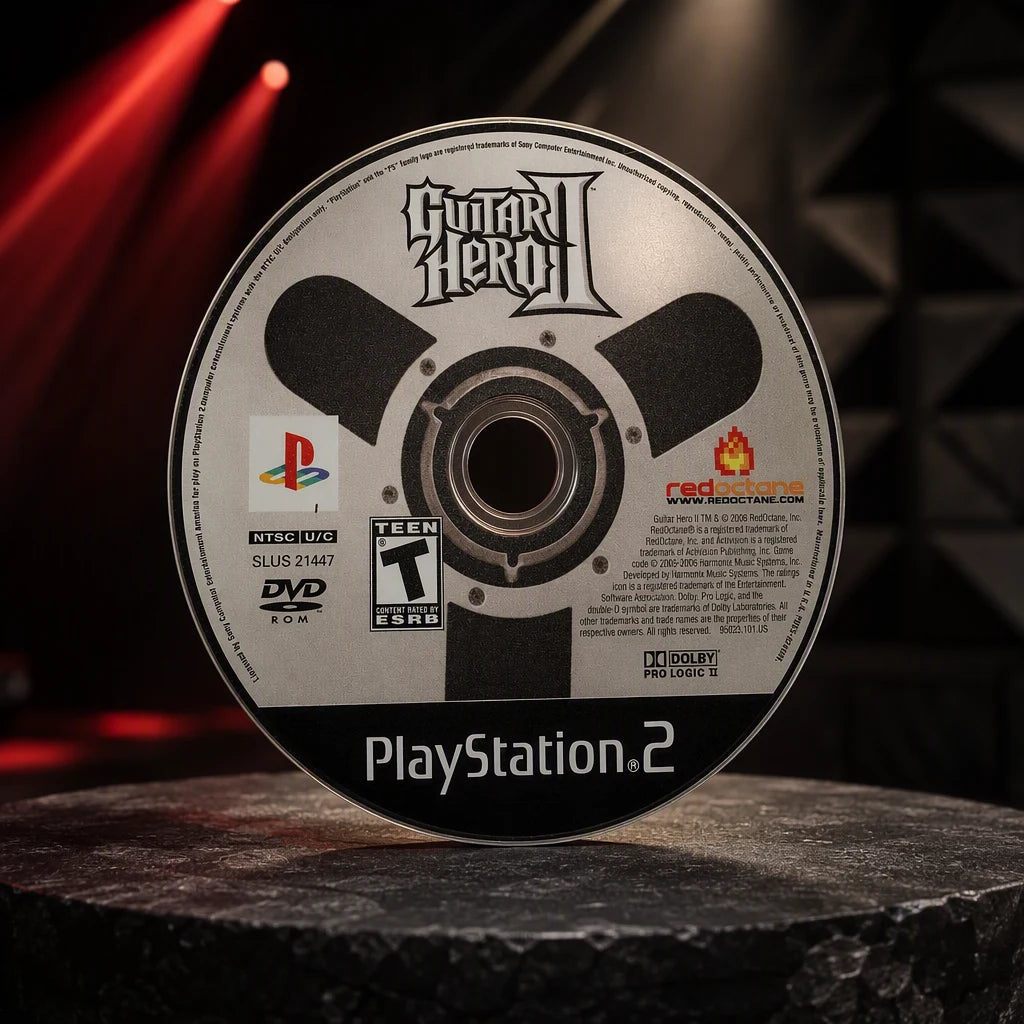 Representative Guitar Hero II one loose black-label North American PlayStation 2 DVD disc in a dark collector studio with sculpted side light, not the specific RGM unit