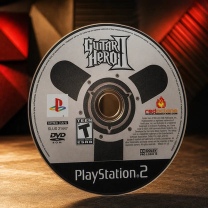 Representative Guitar Hero II one loose black-label North American PlayStation 2 DVD disc on a warm editorial tabletop with shallow depth of field, not the specific RGM unit