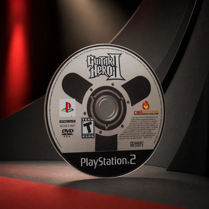 Representative Guitar Hero II one loose black-label North American PlayStation 2 DVD disc in a bold architectural color set, not the specific RGM unit