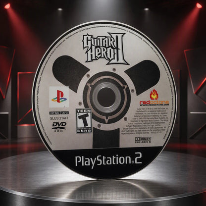 Representative Guitar Hero II one loose black-label North American PlayStation 2 DVD disc on a brushed-metal gallery pedestal, not the specific RGM unit