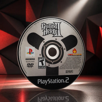 Representative Guitar Hero II one loose black-label North American PlayStation 2 DVD disc under a shaped studio light pattern, not the specific RGM unit