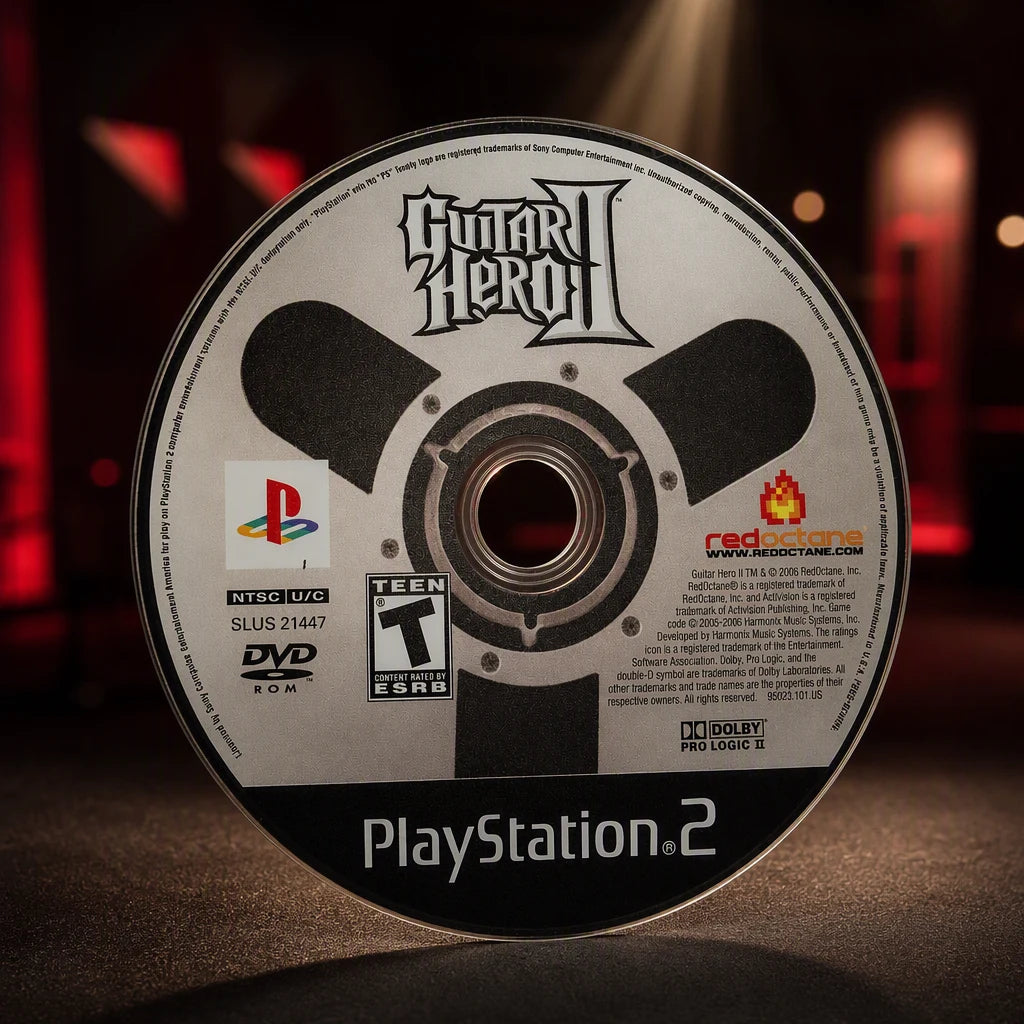 Representative Guitar Hero II one loose black-label North American PlayStation 2 DVD disc in a cinematic night interior with soft background lights, not the specific RGM unit