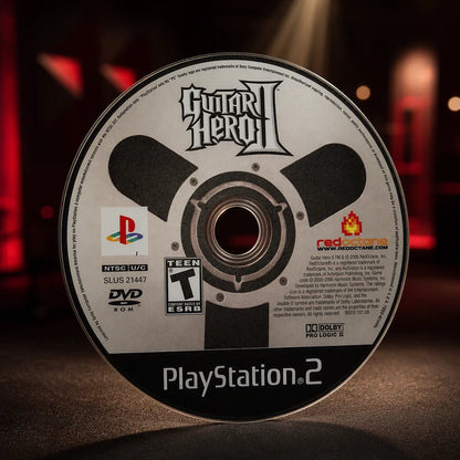 Representative Guitar Hero II one loose black-label North American PlayStation 2 DVD disc in a cinematic night interior with soft background lights, not the specific RGM unit