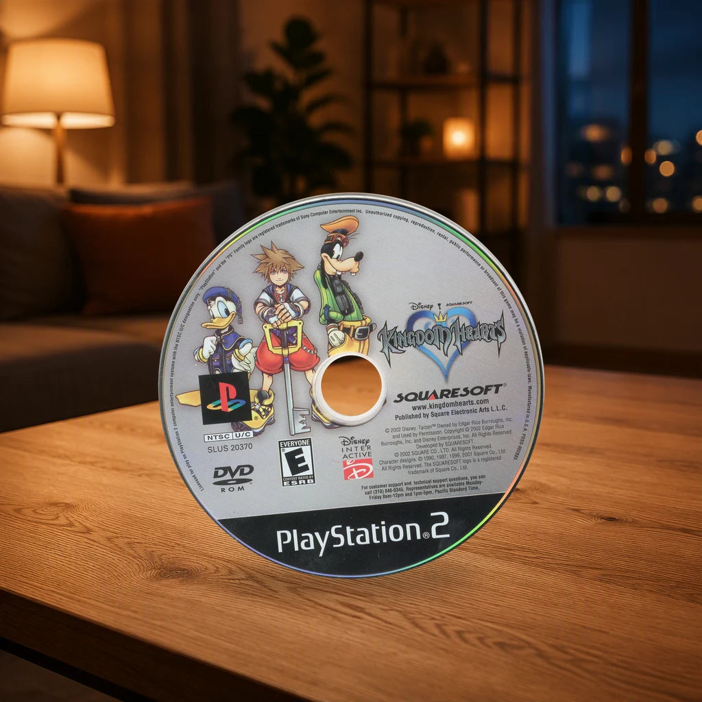 Representative Kingdom Hearts loose ntsc-u dvd-rom on a warm living room table, not the specific RGM unit
