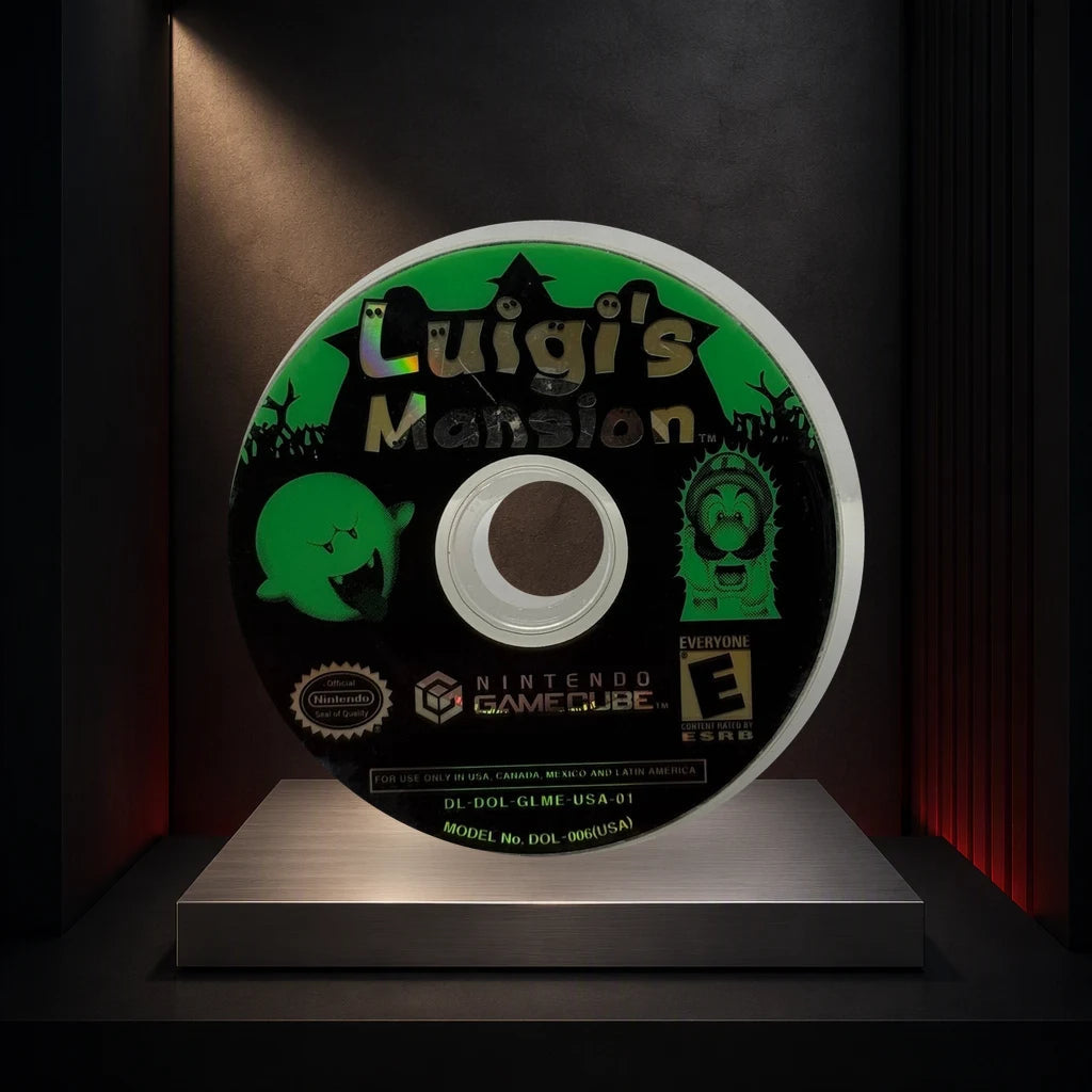 Representative Luigi's Mansion loose usa game disc on a dark collector display plinth, not the specific RGM unit