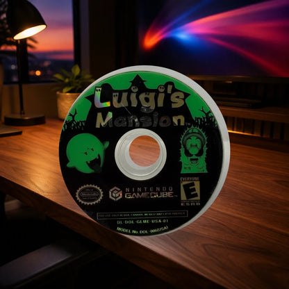 Representative Luigi's Mansion loose usa game disc on a warm walnut tabletop, not the specific RGM unit
