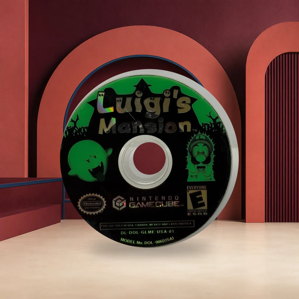 Representative Luigi's Mansion loose usa game disc in a red architectural studio, not the specific RGM unit