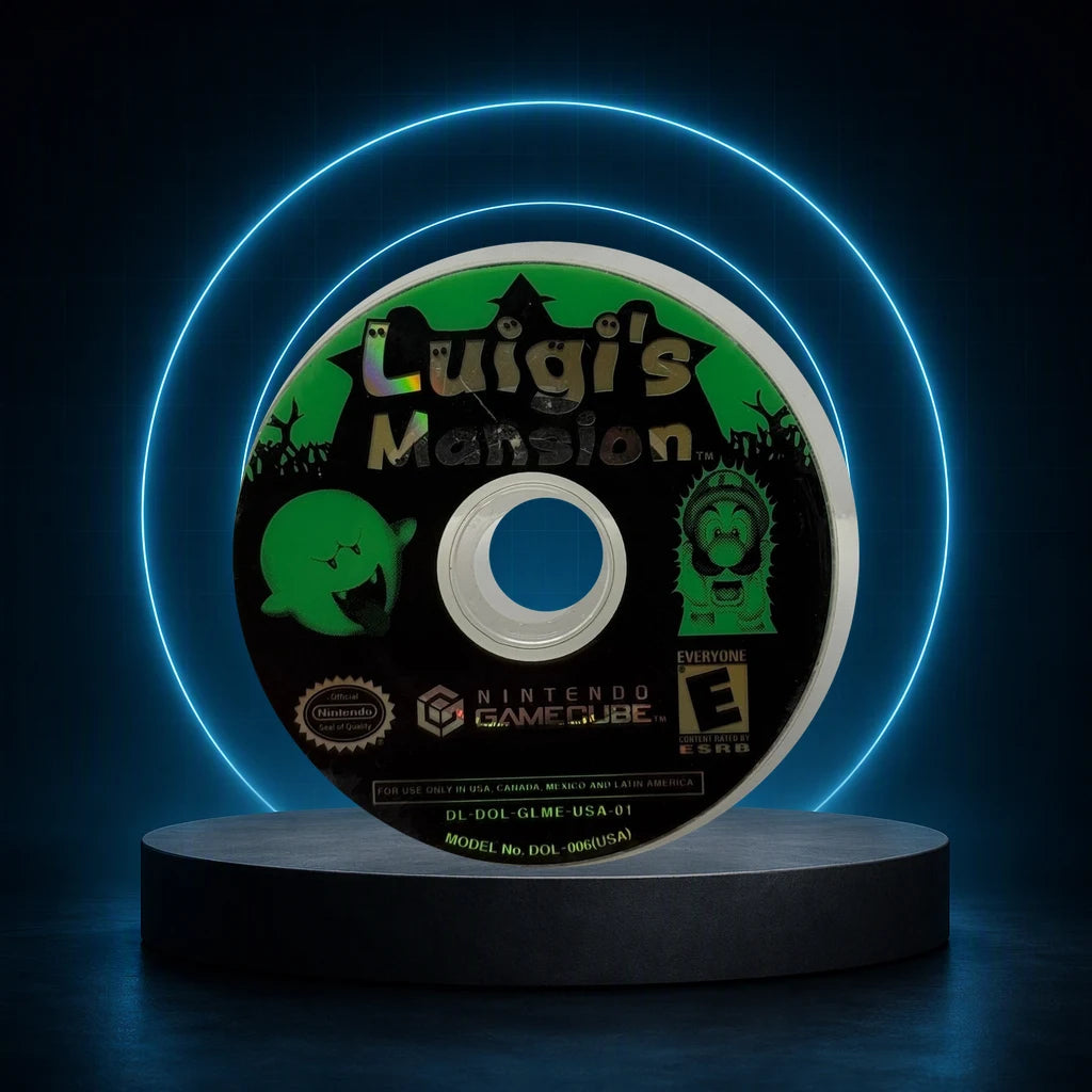 Representative Luigi's Mansion loose usa game disc on a blue halo display stage, not the specific RGM unit