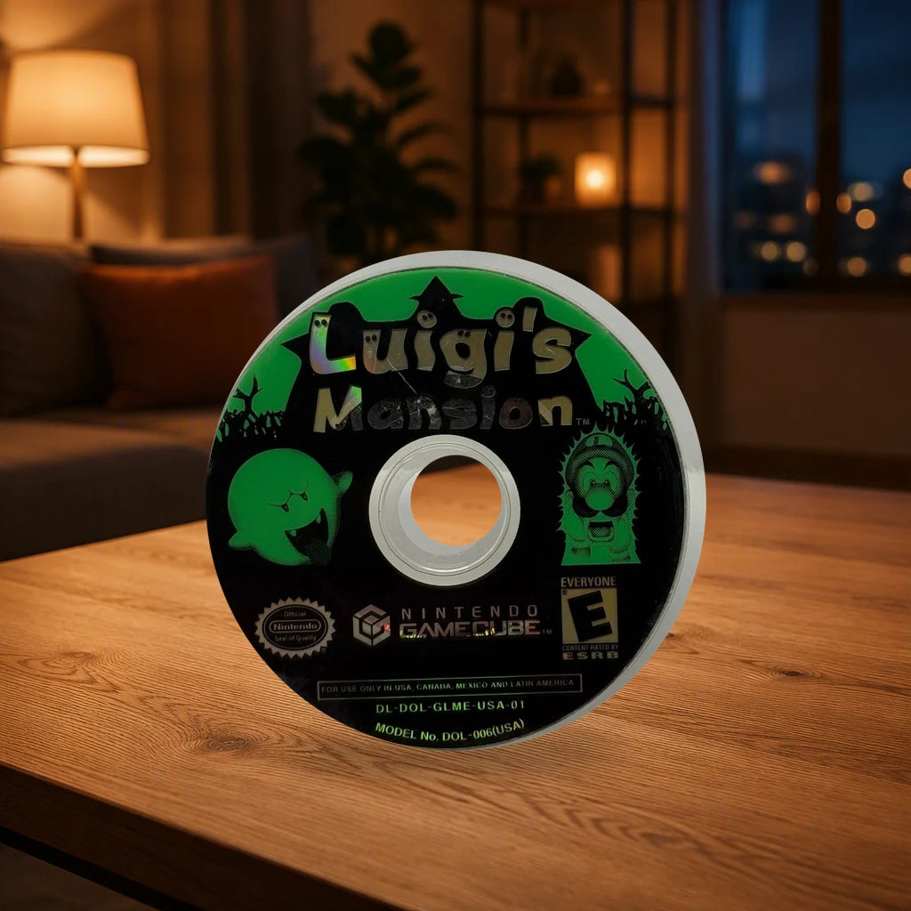 Representative Luigi's Mansion loose usa game disc on a warm living room table, not the specific RGM unit